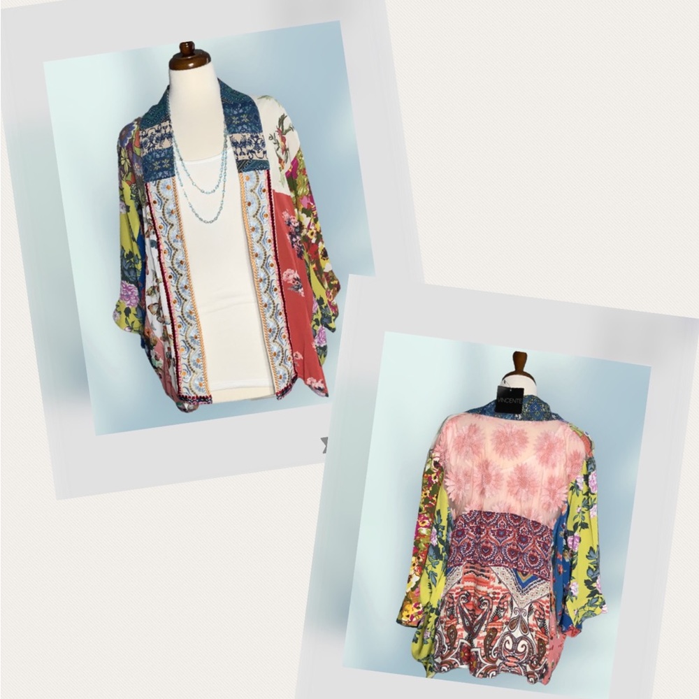 Vincent’s Multicolor Butterflies Flowers Intricate Embroidery Batwing Kimono NWT